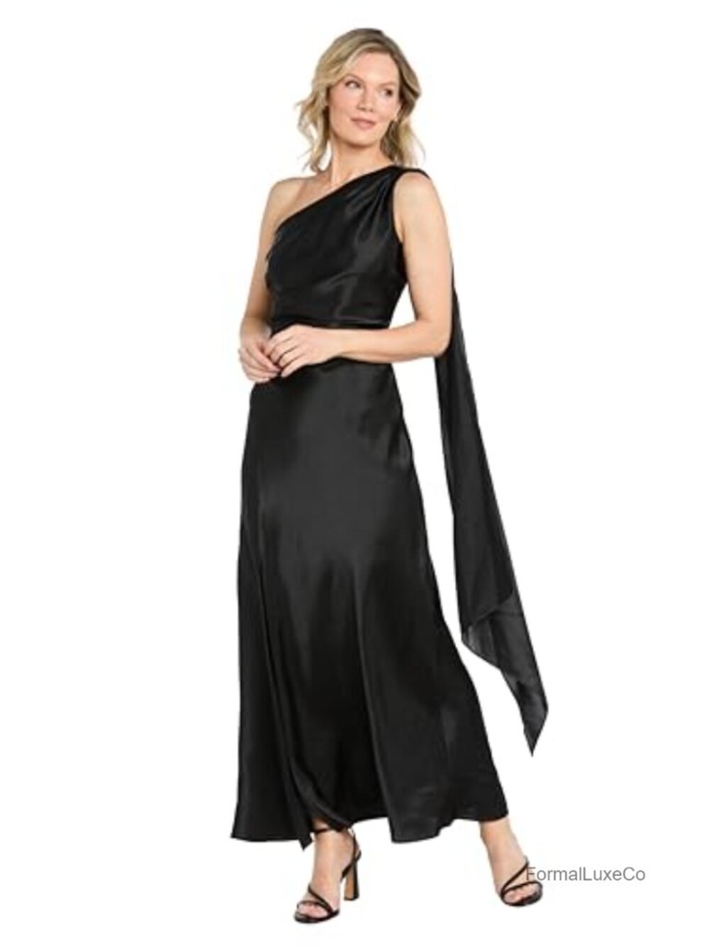 One Shoulder Satin Maxi Dress Draped Scarf High Slit Wedding Guest Formal